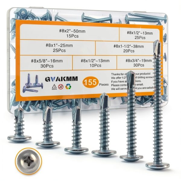 Sheet Metal Screws Assortment Kit,#8 Self-Tapping Screws Set for Metal,155pcs,6 Sizes(2'',1-1/2'',1'',3/4''，5/8'',1/2'')Modified Truss Head Zinc-Plated Self-Drilling Tek,for Wood,Metal,Plastic-0