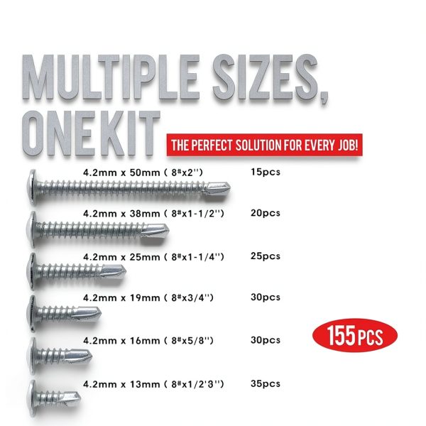Sheet Metal Screws Assortment Kit,#8 Self-Tapping Screws Set for Metal,155pcs,6 Sizes(2'',1-1/2'',1'',3/4''，5/8'',1/2'')Modified Truss Head Zinc-Plated Self-Drilling Tek,for Wood,Metal,Plastic-1