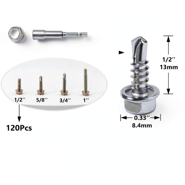 QSJ 120PCS #8 x 1/2'' Sheet Metal Screws 410 Stainless Steel Hex Washer Head Fast Self Tapping Screws with Screwdriver Bit Silver-1
