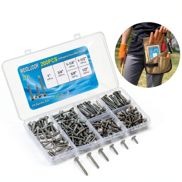 200PCS Sheet Metal Self-Drilling Screws Assortment Kit - #8 Truss Head Stainless Steel Self-Tapping Screws, 6 Sizes (1/2" to 1-1/2") for Sheet Metal, Auto & Roofing-5