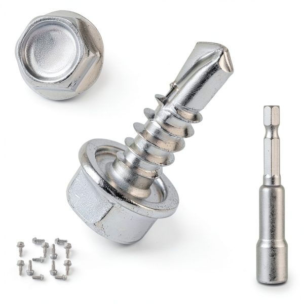 QSJ 120PCS #8 x 1/2'' Sheet Metal Screws 410 Stainless Steel Hex Washer Head Fast Self Tapping Screws with Screwdriver Bit Silver-0
