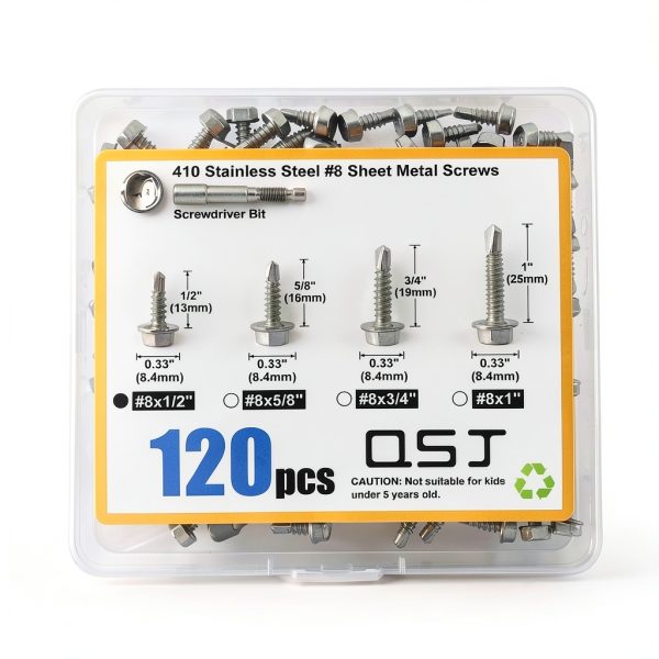 QSJ 120PCS #8 x 1/2'' Sheet Metal Screws 410 Stainless Steel Hex Washer Head Fast Self Tapping Screws with Screwdriver Bit Silver-4